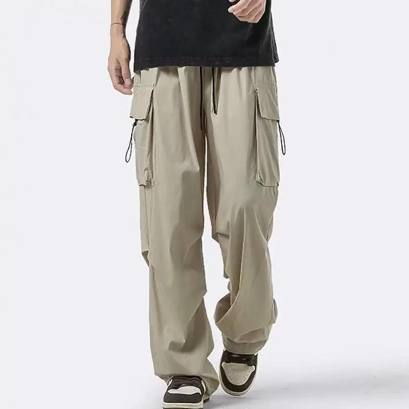 Description Picture 6 of itemMen Straight Leg Pants Men's Multi-pocket Cargo Pants with Drawstring Detail Elastic Waist Streetwear Style Solid for Outdoor