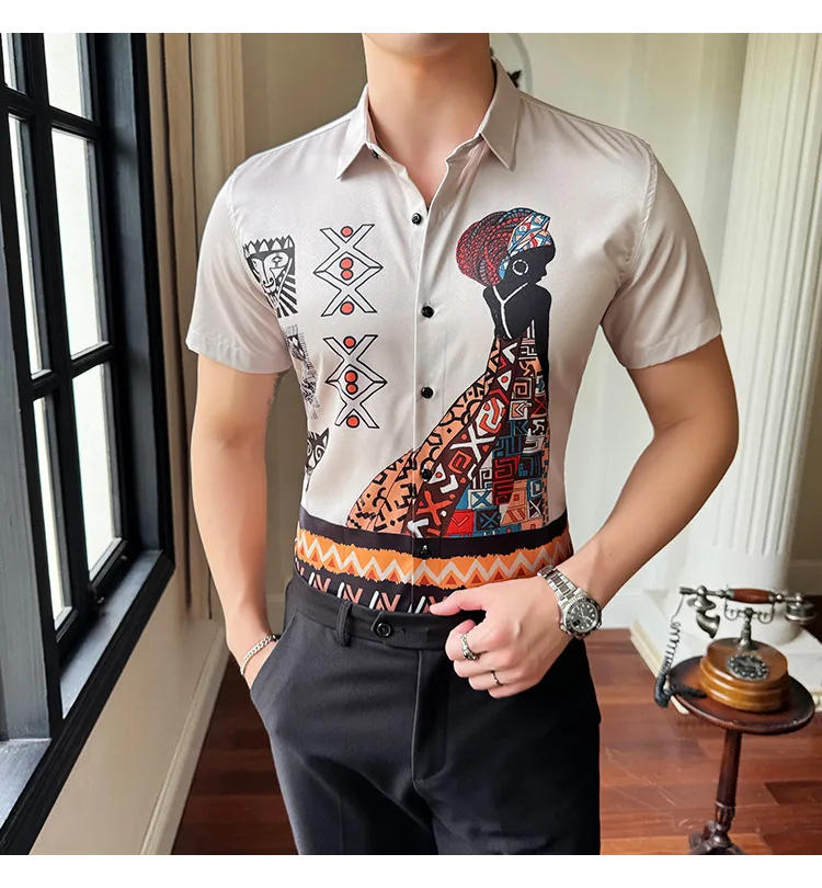 Description Picture 4 of itemFashion Ethnic Style Printed Shirts for Men Summer Short Sleeved Retro Business Casual Male Dress Shirt Streetwear Plus Size 6XL