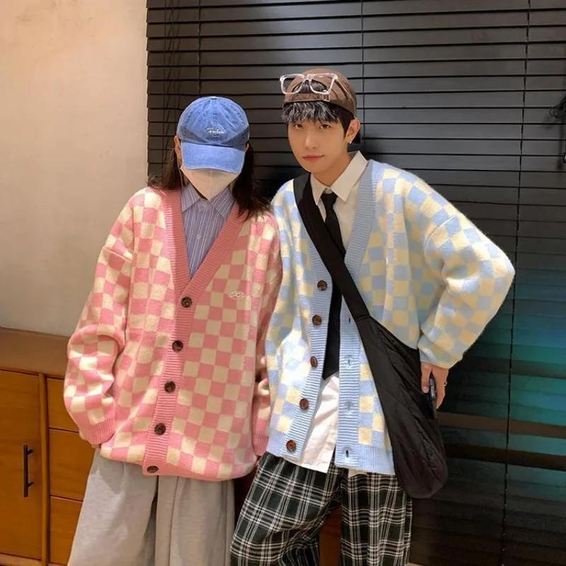 Description Picture 3 of itemJapanese Sweater Men Korean 2024 New Fashion High Street Hip Hop Checkerboard Plaid Advanced Simple Couple Wear Casual Loose Top