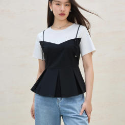 DUSHU Fake Two-piece Simple Commuter Strappy T-shirt For Women 2025 Summer New Arrival Fashionable All-match Tops 25DS82278
