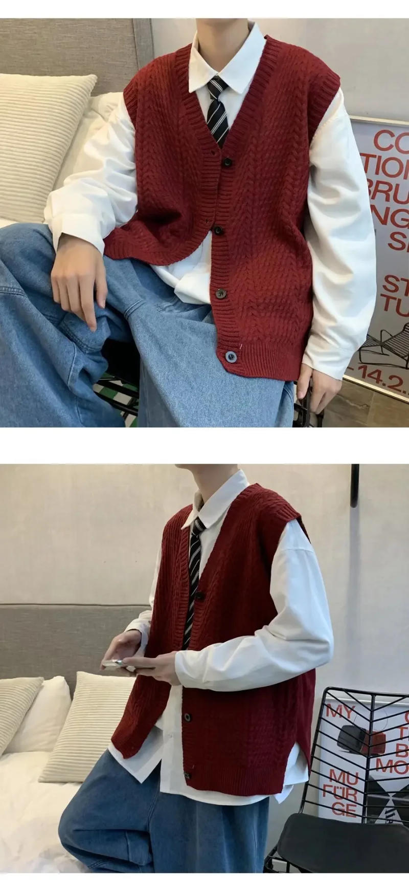 Description Picture 4 of item2022 Spring New Style V-neck Knitted Top Vest Men Women's Hong Kong Style Ins Trendy Loose Fit Fashionable Cardigan Sweater