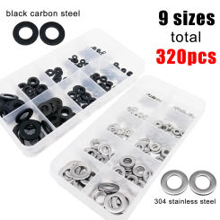 1 box 320pcs M1.6 M2 M2.5 M3 M4 M5 M6 M8 DIN125 304 Stainless Steel Black Steel Flat Washer Pad Set Plain Gasket Assortment Kit