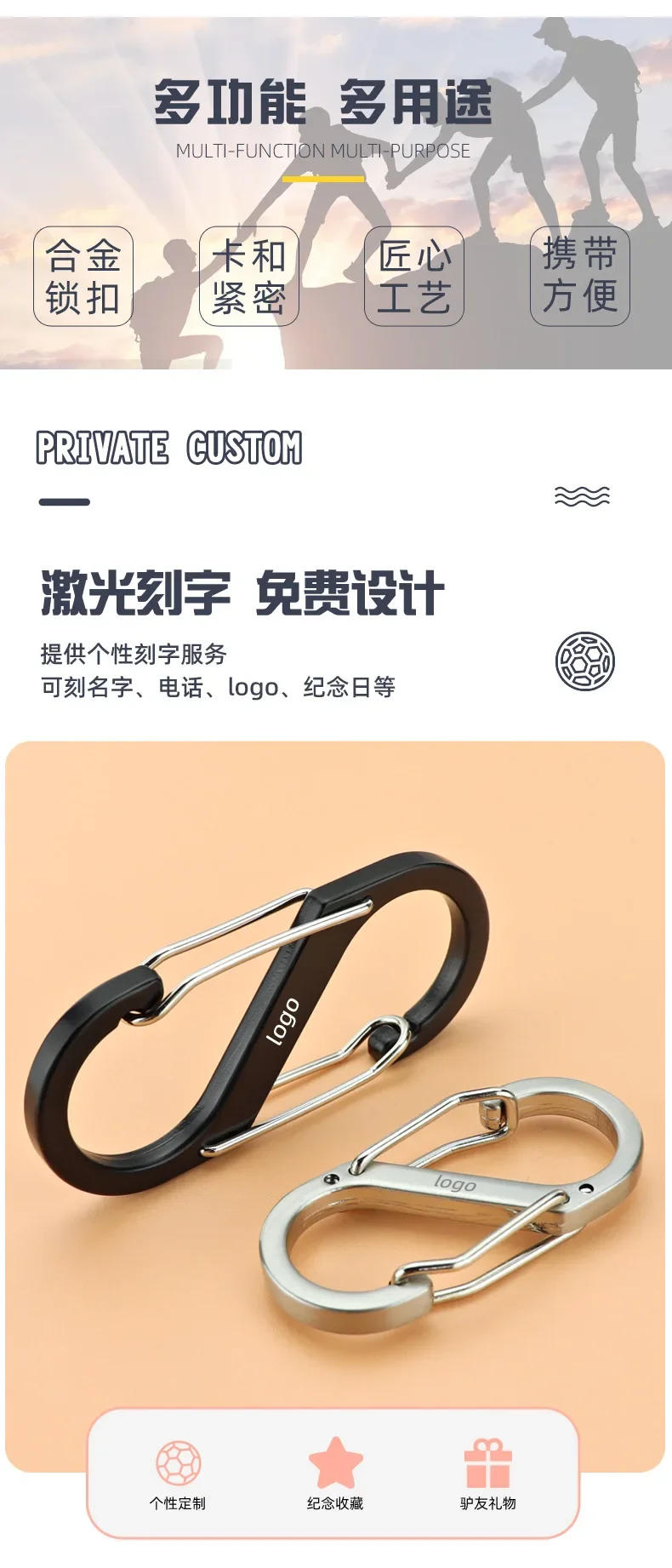 Description Picture 2 of item1pcs Stainless Steel S Type Carabiner with Lock Mini Keychain Hook Anti-Theft Outdoor Camping Backpack Buckle Key-Lock Tool
