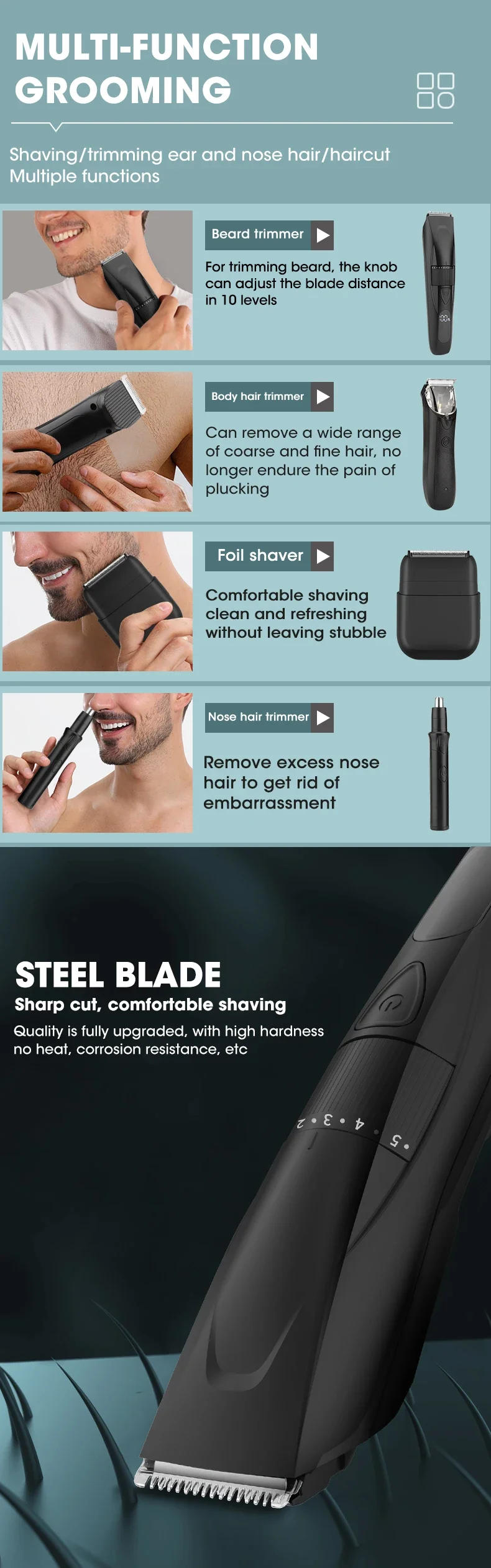 Description Picture 4 of itemRESUXI 377 4-in-1 Men's Multi Functional Hair Clipper Set Nose Hair Trimmer Electric Shaver and Beard Trimmer Grooming Tools Set
