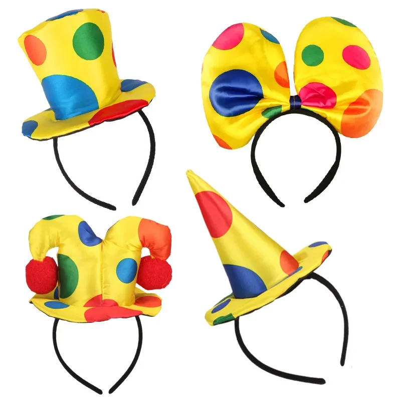 Description Picture 3 of itemFunny Clown Headdress Yellow Colored Clown Dots Bow Headwear Circus Performance Props Funny Joker Hats Makeup Party Decorations