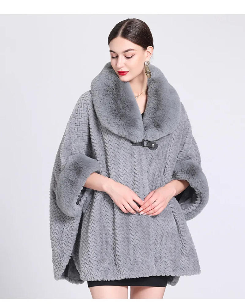 Description Picture 6 of itemWinter Women Loose Poncho Cape Thicken Velvet Warm Batwing Sleeves Long Cloak Semicircle Faux Fur Neck Outstreet Wear Overcoat