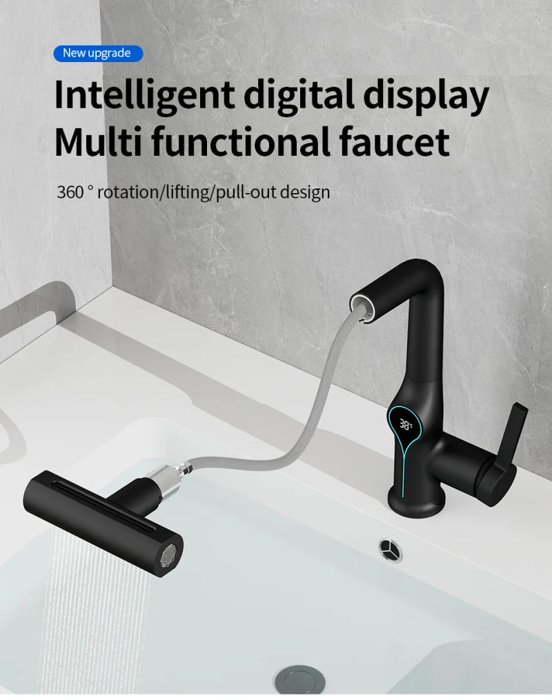 Description Picture 2 of itemWaterfall Pull Out Kitchen Faucet Black Intelligent Digital Display Cold Hot Mixer Taps Rotatable Sink Lifting Basin Faucet