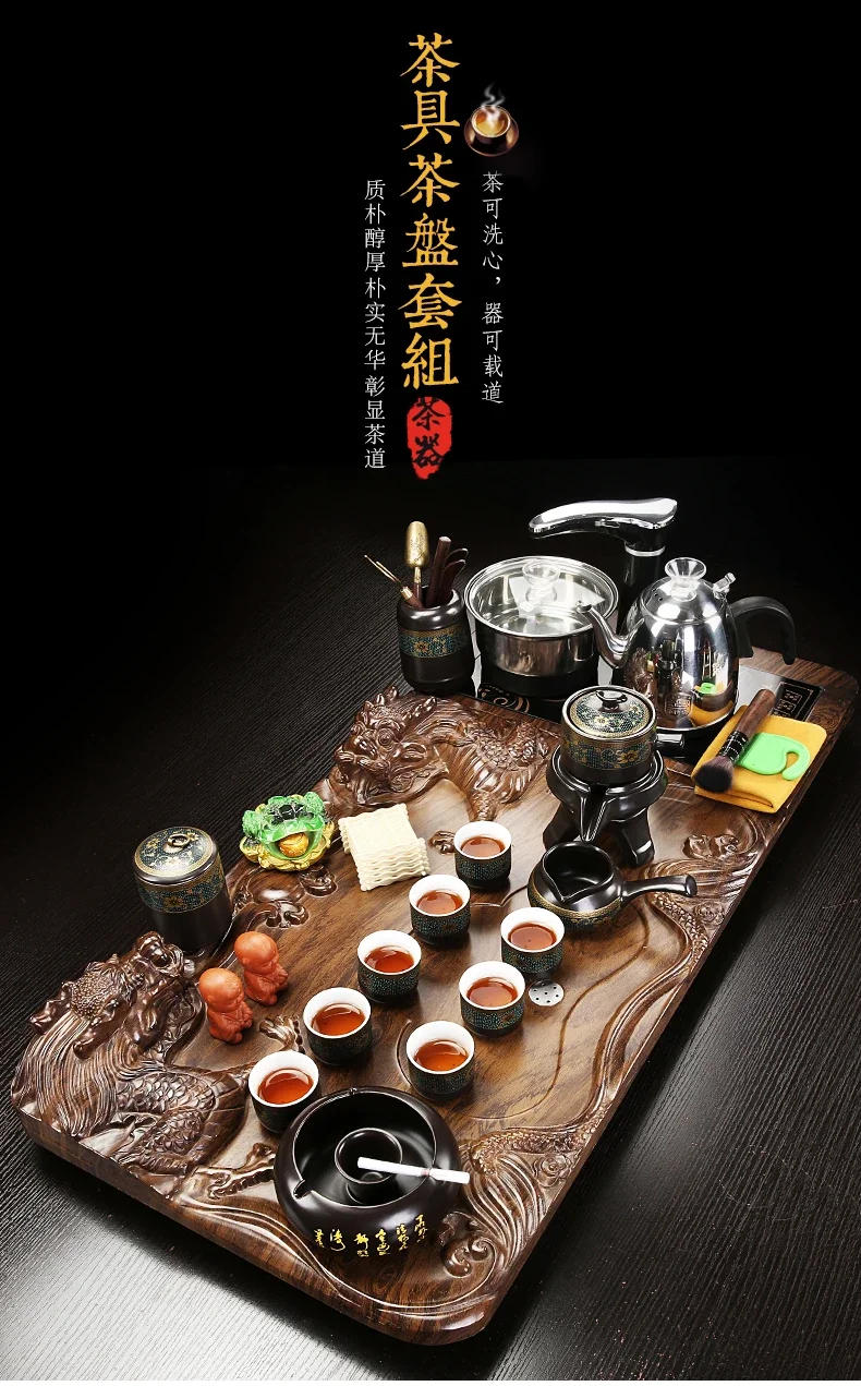 Description Picture 2 of itemSolid Wood Tea Tray Purple Sand Kung Fu Tea Set Home  Induction Cooker Drinkware Tazas De Te Coffeeware Teawar