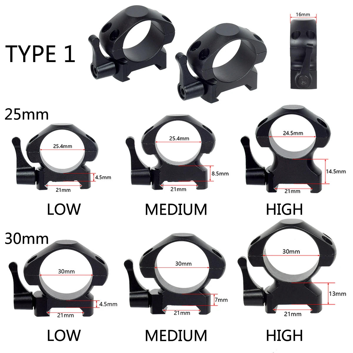 Description Picture 2 of item2PCS Hunting Scope Ring Mounts For 20mm Picatinny Rail Optics Scope Pipe Dia 25.4mm 30mm Laser Flashlight Torch Mount Adapter