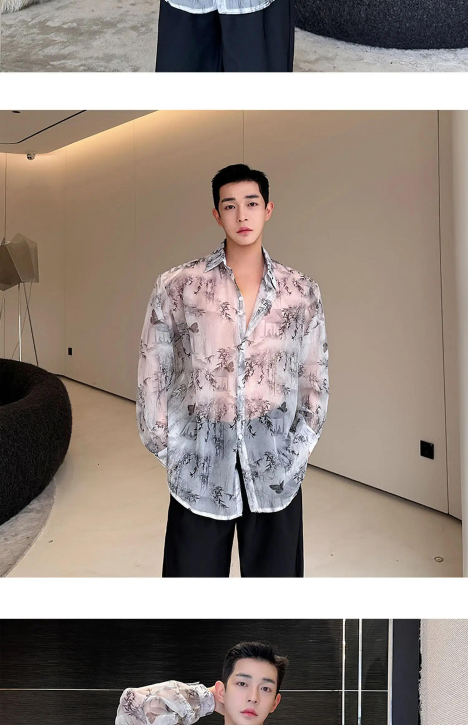 Description Picture 4 of itemMen See Through Lightweight Loose Casual Vintage Print Long Sleeve Party Dress Shirts Beach Blouses Man Performance Costumes