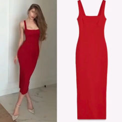 TRAF Women Slim Midid Dress Summer Backless Women's Wide Straps Short Dress Sleeveless Lady Dresses Simple Female Party Dress