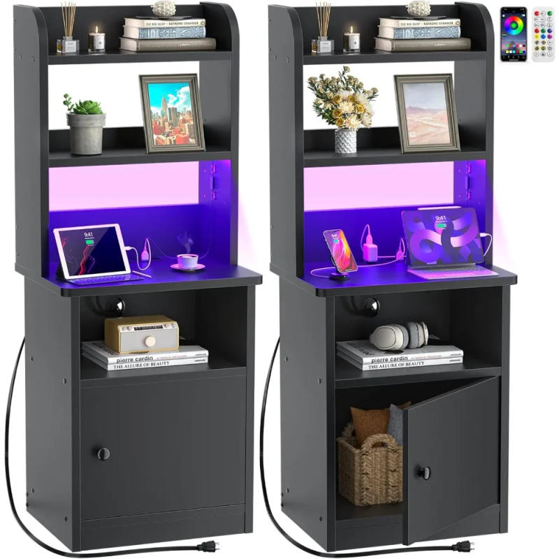 Description Picture 2 of itemNightstands Set of 2 with Charging Station & LED Lights - 47" Tall Bedside Table with Adjustable Shelf, Industrial End Table