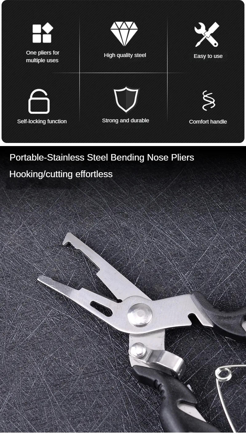 Description Picture 4 of itemMultifunctional Curved Mouth Road Sub Pliers Cutting Lines Uncoupling Fish Hooks Opening Coils Outdoor Fishing Tools Plier