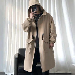 Long Trench Coat Jacket Men Cotton Autumn Spring Black Hip Hop Japanese Coats Streetwear Men's Hooded Army Green Casual Jackets