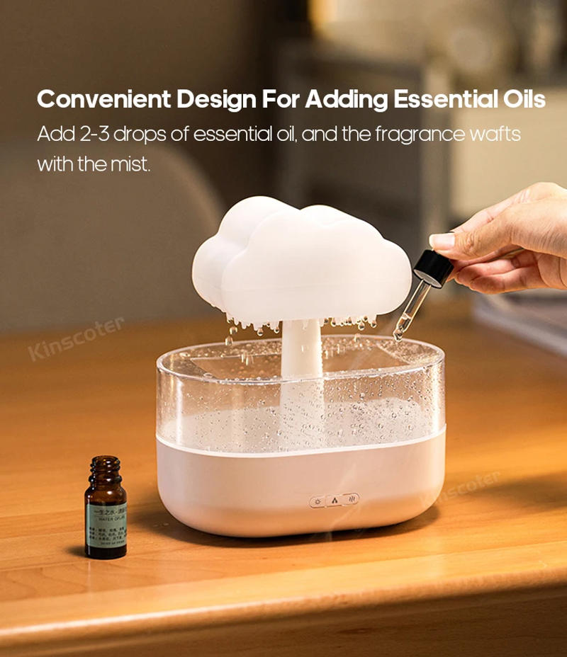 Description Picture 4 of itemKINSCOTER Rain Clouds Aroma Diffuser Zen Raindrops Air Humidifier Essential Oil Diffuser USB Desktop Ultrasonic Sprayer