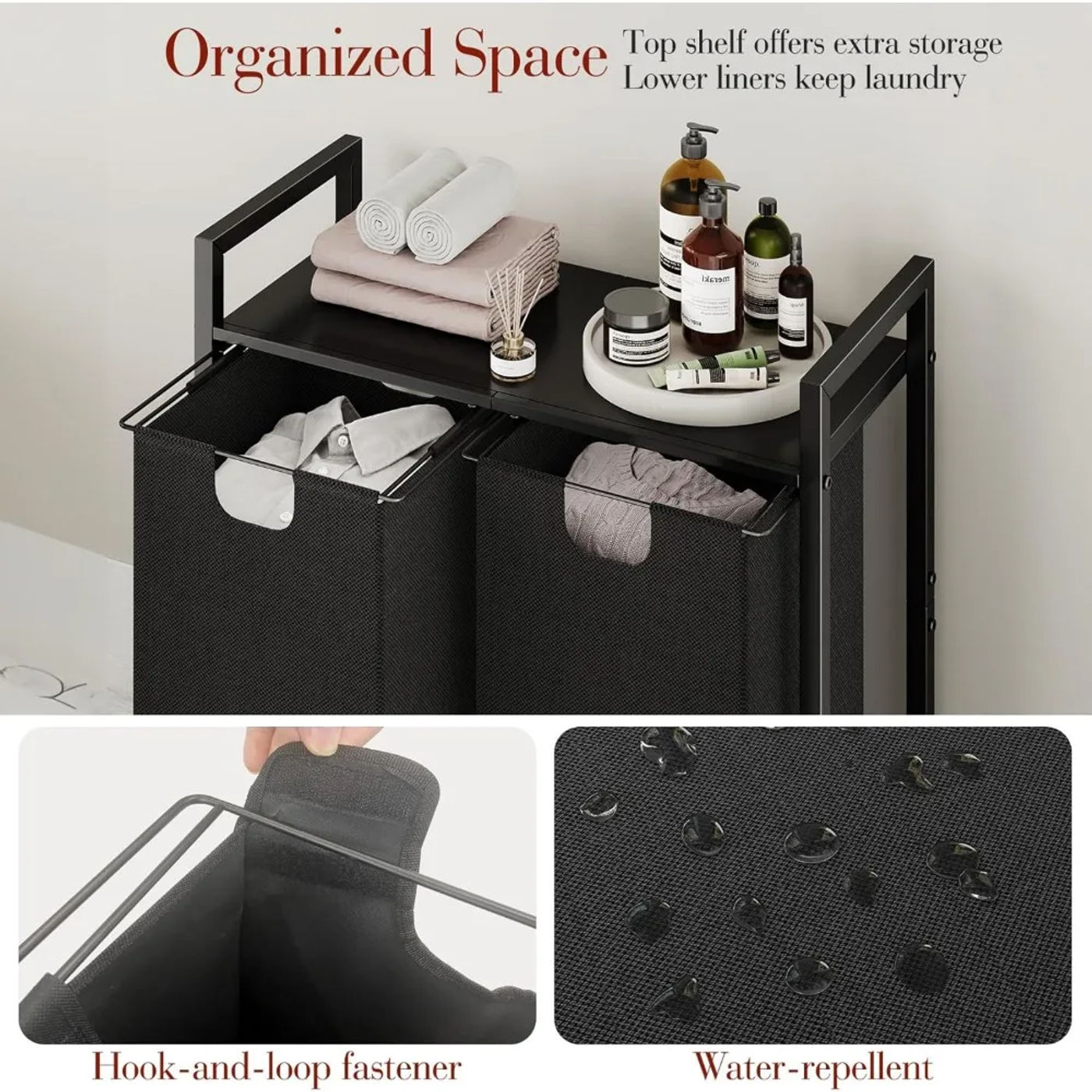 Description Picture 4 of itemLaundry Basket Organizer, Laundry Hamper with Shelf & 2 Pull-Out Removable Bags, Dirty Clothes Hamper Organizer