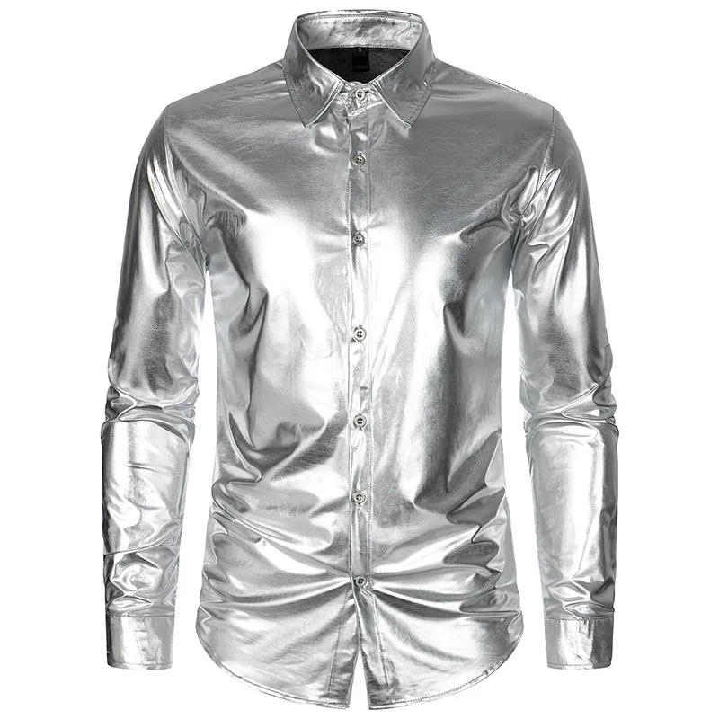 Description Picture 5 of itemNew Long Sleeved NightClub Party Shirt for Men Button Up Gold Shinny Stage Dress Shirts Costume Homme 2024 Hip Hop Shirt Outfits