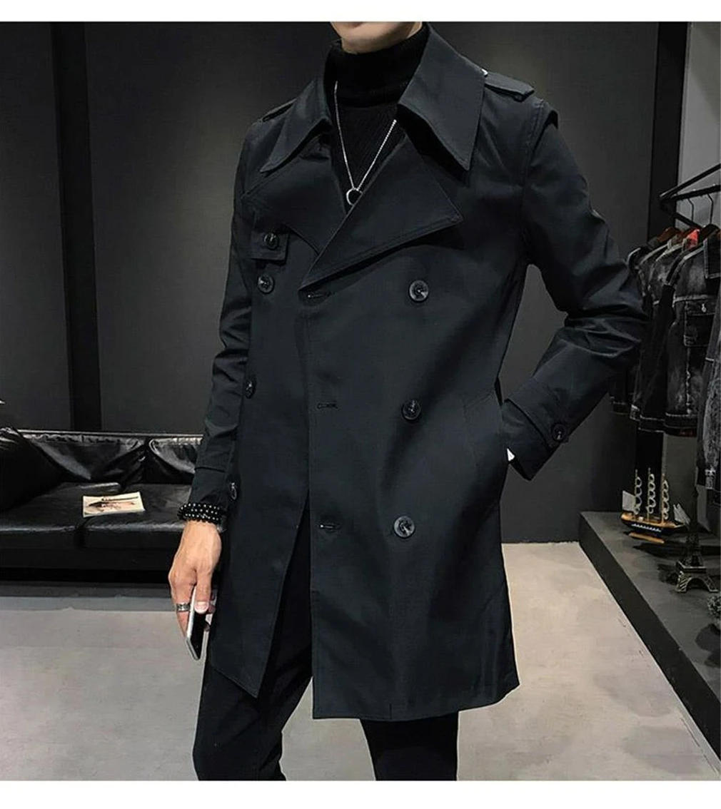 Description Picture 6 of itemTrench Coat Men Mid-Length Korean-Style Slim-Fit Trendy Outwear Male Casual Polo Collar Solid Color Double Breasted Outcoat 2024