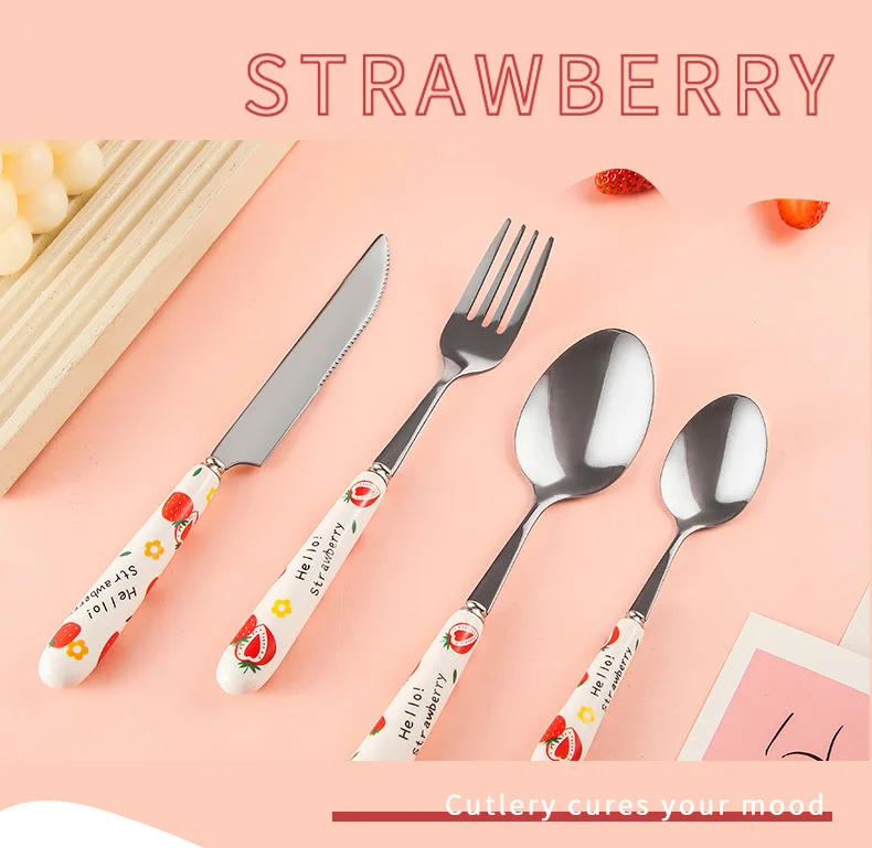 Description Picture 6 of itemStainless Steel Tableware Cute Cartoon Girl Heart Strawberry Ceramic Handle Main Dinner Knife Fork Spoon Kitchen Items