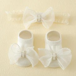 2 Pieces/Set Baby Girl Socks and Headband Set with Pearl Details Lace Bownot, Soft Breathable Non-Slip Set for 0-12 Months Infant