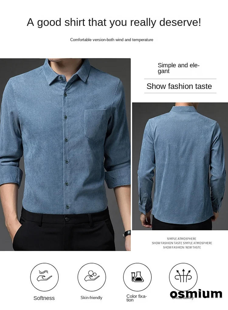 Description Picture 5 of itemMale Formal Dress Wear Shirt Vintage Blue Brown Button Long Sleeve Warm Winter Shirts Oversize Man Thick Polo Collar Classic 4xl