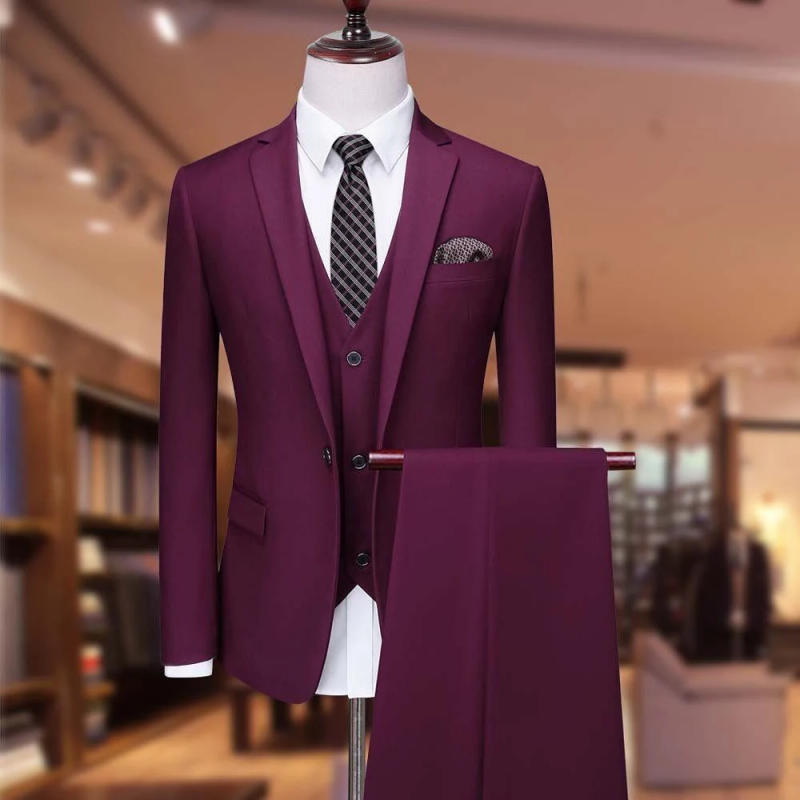 Description Picture 3 of itemSolid Color One Button Notch Lapel Slim Fit Men's Suits Elegant Male Clothing 3 Piece Jacket Pants Vest Costume Homme Slim Fit