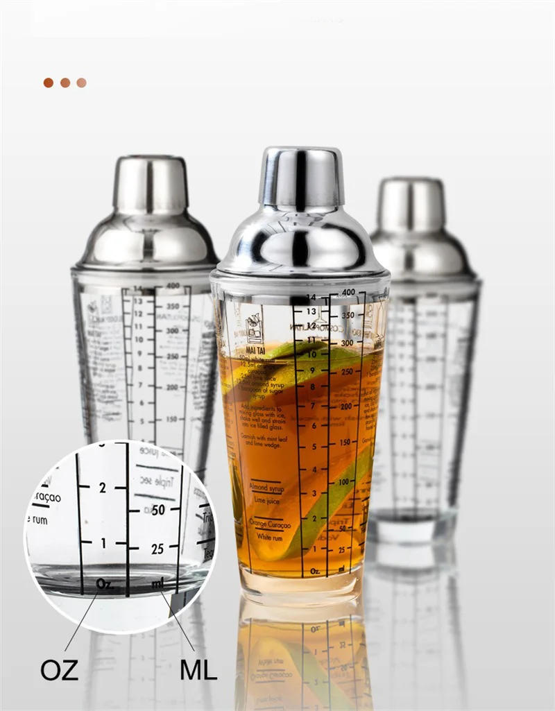 Description Picture 3 of item400/600ML Glass Cocktail Shaker Hand Shaker Cup with Scales Leakproof Metallic Steel Lid&Strainer Tea Wine Drink Shaker Mixer