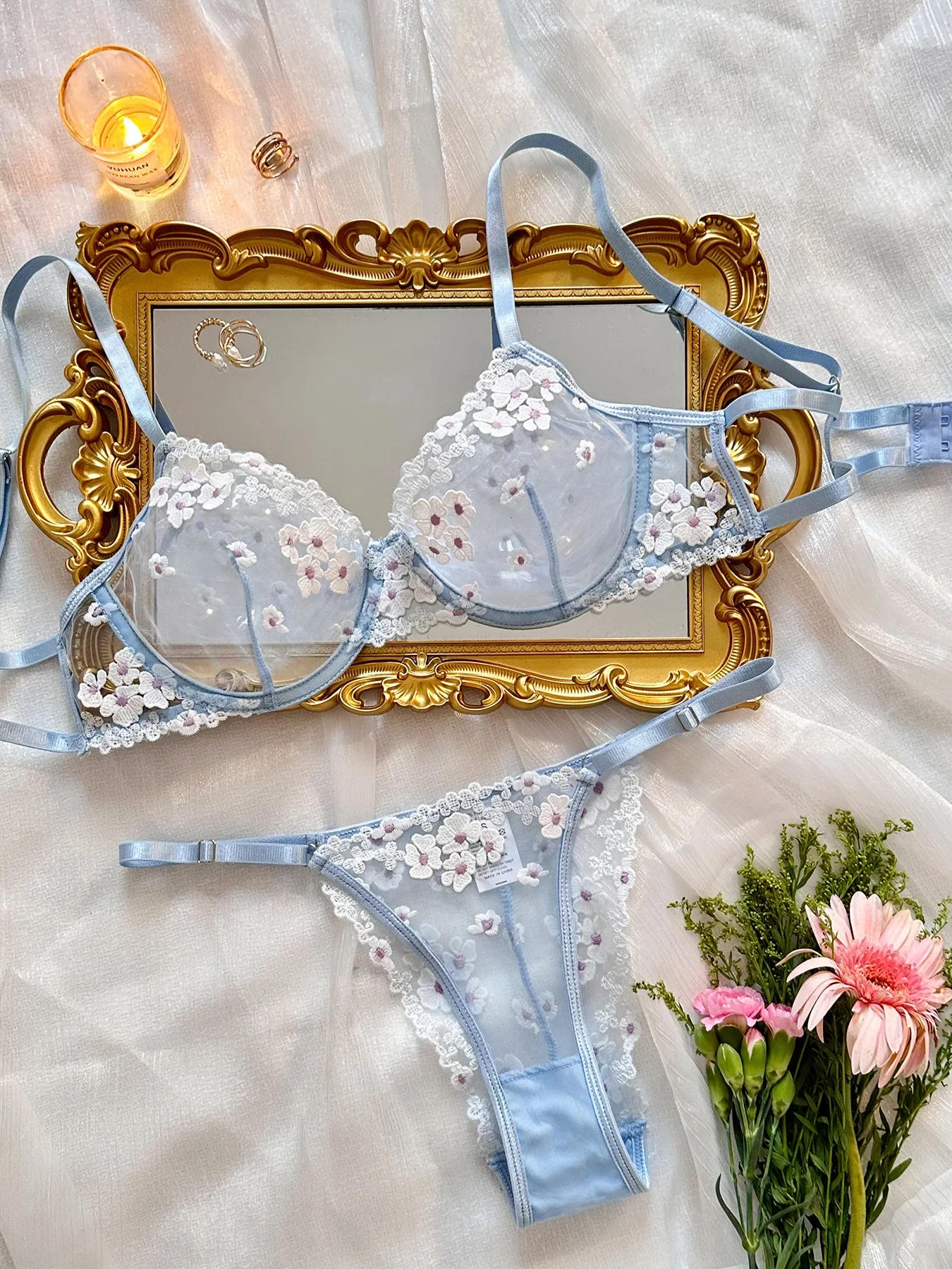 Description Picture 3 of itemAutumn New French Style Sweet Floral Embroidery Lingerie Set Women's Mesh Perspective Comfortable Gathering Underwear Bra Briefs