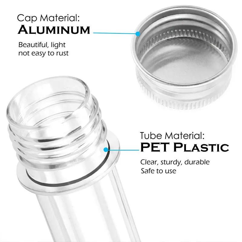 Description Picture 3 of item24Pcs PET 40ml Transparent Plastic Test Tube Bottle Candy Testontainer Bath Salt Tube with Aluminum Screw Lids