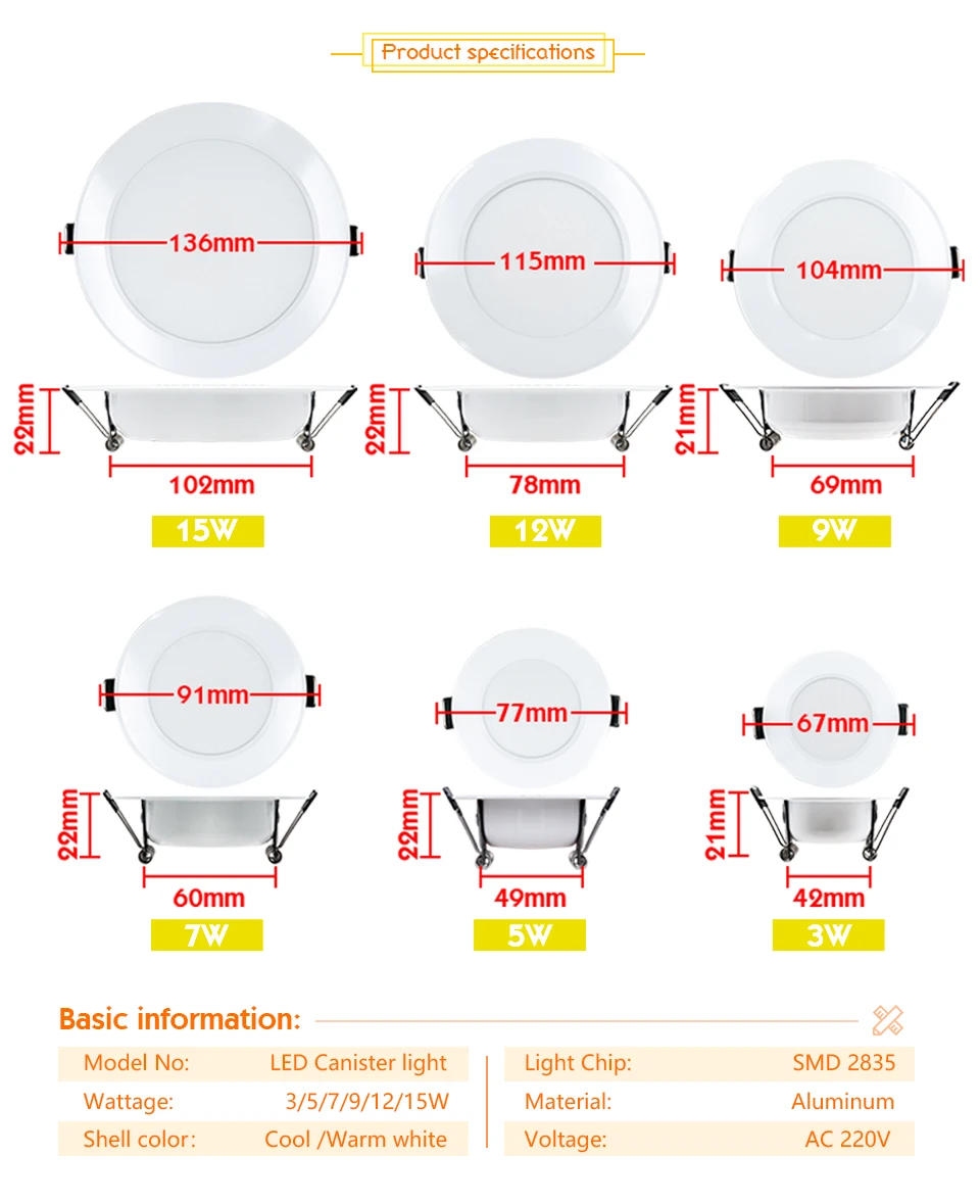 Description Picture 3 of itemLED Downlight 3W 5W 7W 9W 12W 15W Ceiling Lamp AC 220V Recessed Led Down Light Round Panel Light Spotlight Indoor Lighting