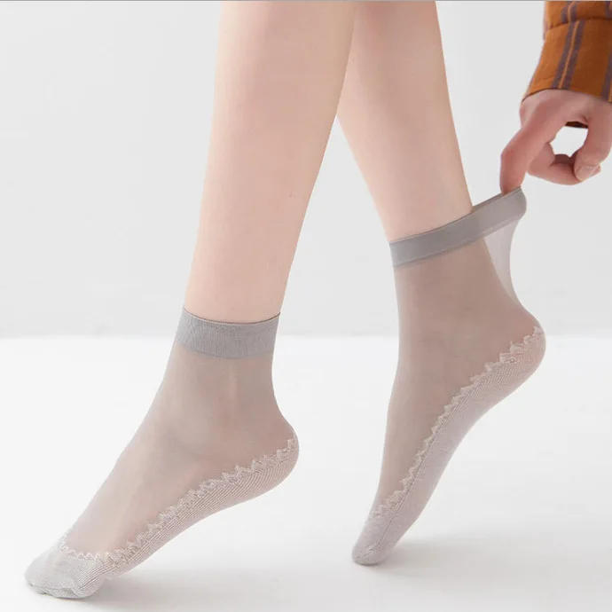 Description Picture 6 of item1/10pairs Silk Velvet Ankle Short Sox Elastic Lace Socks Women Transparent Ultrathin Female Mesh Non-Slip Bottom Splice Sock