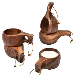 Handmade Wooden Milk Cup Acacia Wood Coffee Mugs Tasse with Carrying Rope Handle Camping Drinkware Cups Artifact Kitchen Tools