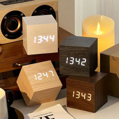 Wooden Digital Alarm Clock with Temperature Sound Desktop LED Bedside ClocK LED Alarm Clock Office Decoration Clock Home Decor