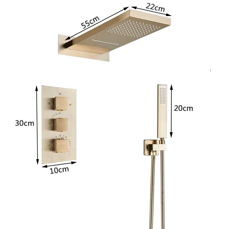Description Picture 4 of itemBrushed Gold Thermostatic Bathroom Shower Faucet In Wall Bath and  Set  Mixer Bath and Rainfall Shower