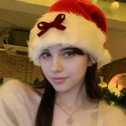 New Bow Plush Christmas Hat Adult Red Black Xmas Hat Women Santa Claus Cosplay Props Winter Caps DIY Christmas Party Decor Gift