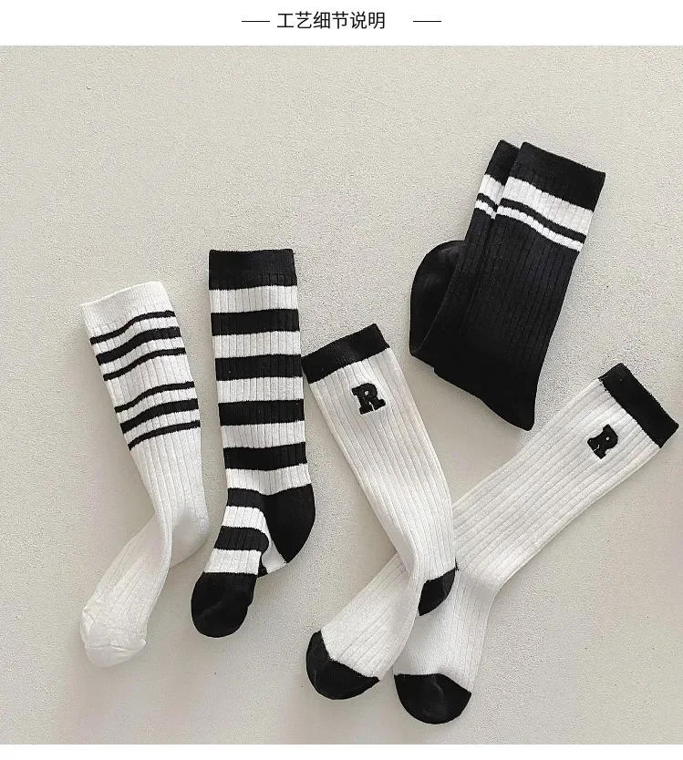 Description Picture 4 of itemAutumn Winter Children School White Black Stripes Sport Socks Korean Knee High Long Stockings for Kids Boys Girls Baby Clothes