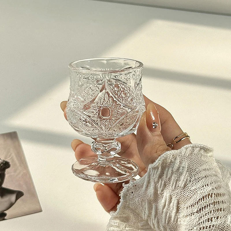 Description Picture 4 of itemKorean Style Engraved Embossed Small Goblet Glass Cup For Soju Sake Liquor Short Stemmed Glass