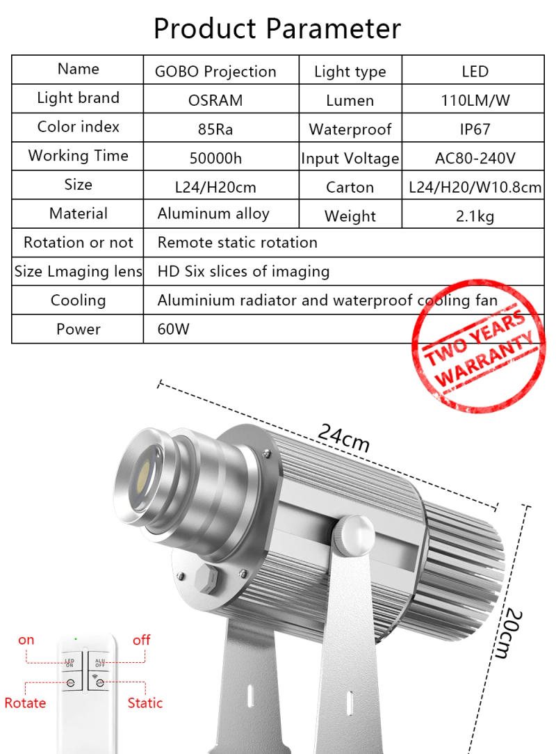 Description Picture 2 of itemCustom 60WSilver Led HD Indoor Door Head Outdoor ip67 Waterproof Rotating Advertising Image Projection Lamp Gobo Logo Projector