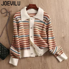 JOEVILU Rainbow Striped Sweater Polo Collar Loose Knitted Cardigans Women‘s Autumn Retro Fashion Pullover Top Casual Y2k Clothes