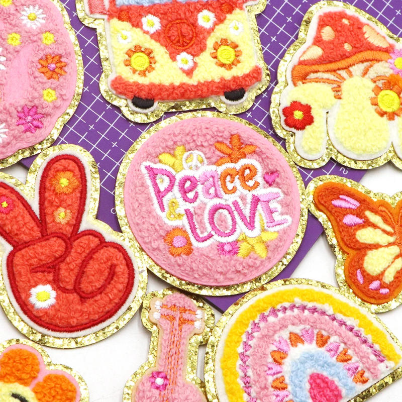 Description Picture 3 of itemNew Retro Peace Love  Rainbow Chenille Towel Embroidered Iron On Patches with Gold Glitter Sequins Girl Clothing Decoration