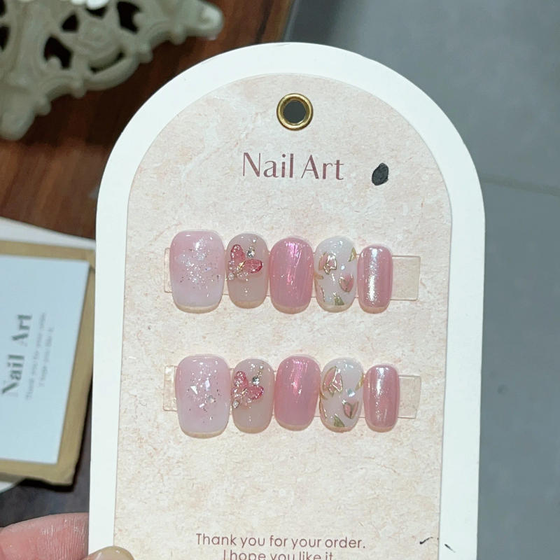 Description Picture 4 of item10pc Detachable Short Press on Nails Halo Dyeing Pink False Nail with 3D Flower Glitter Design Full Over Fake Nail Tip with Glue
