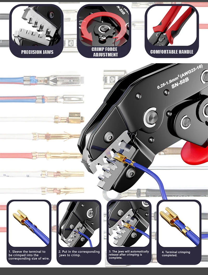 Description Picture 3 of itemSN-58B Ratchet Crimping Plier Crimper Tool 0.25-1.5mm² AWG24-16for Dupont,TE,JST,Molex Terminal Wire Electrical Pliers