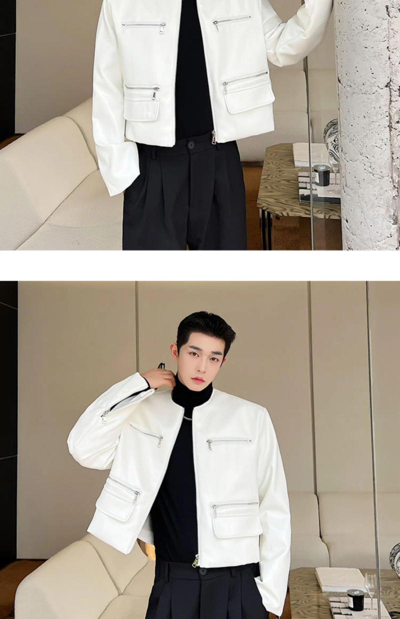 Description Picture 3 of itemLUZHEN Korean Stylish Elegant Zipper Decorate Pockets Design Short Jacket Men's High Quality PU Leather Trendy Coat 2024 LZ2734