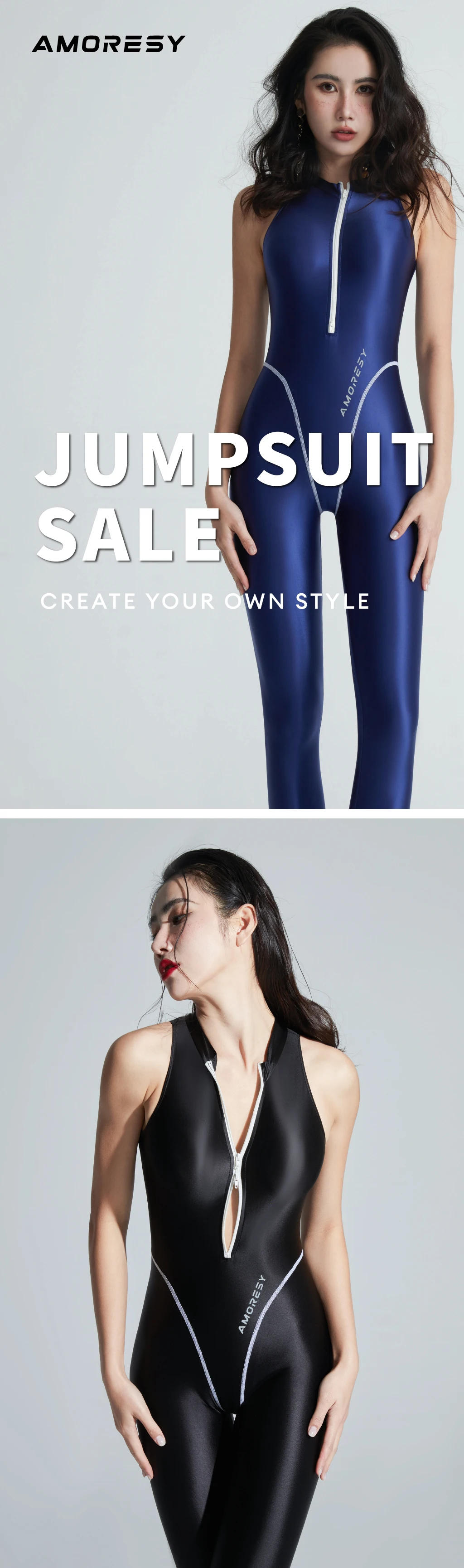 Description Picture 6 of itemSexy Women gloss one piece swimsuit double zipper tight Shiny smooth yoga Sports Fitness clothing bodysuit MEN