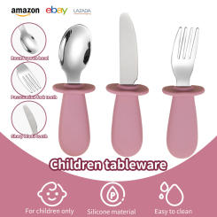 3-piece silicone spoon and fork cutlery set for baby food and feeding utensils, children's stainless steel spoon and fork cutler