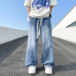 2024 Spring Autumn Men Fashion Elastic Waist Gradient Jeans Men's Loose Straight Denim Pant Male Streetwear Casual Trousers F153