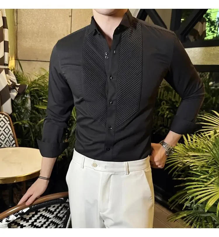 Description Picture 4 of itemQuality Banquet Tuxedo French Wing Collar Long Sleeve Shirts For Men Clothing Fashion Accordion Fold Slim Fit Social Shirt Dress