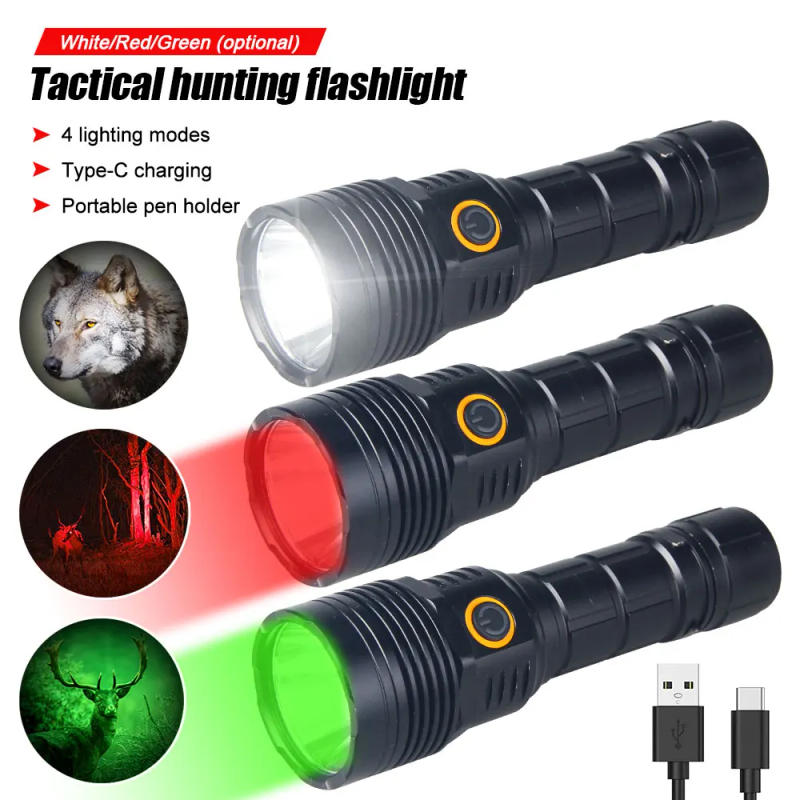 Description Picture 2 of item30W 1500LM Professional Green Red SST40 LED Hunting Flashlight Tactical 4-Modes Predator Coyote Torch USB Rechargeable Lantern