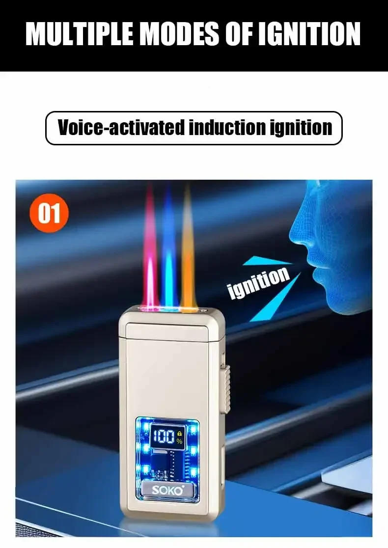 Description Picture 4 of itemNew High Beauty Voice Controlled LED Lighter Three-Color Flame Counting Transparent Visual Movement Inflatable Windproof Lighter
