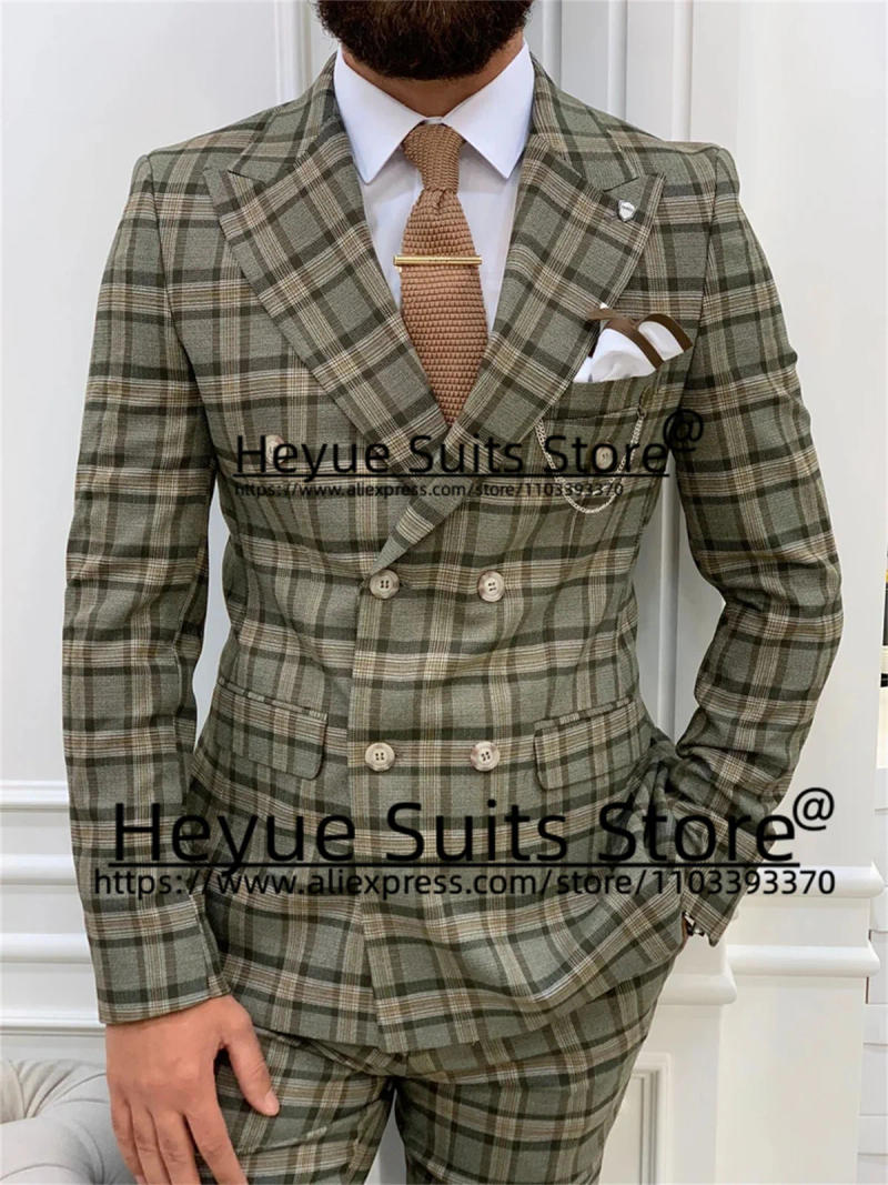Description Picture 3 of itemMen Suits Green Plaid Business 2Pcs Sets Slim Fit Double Breasted Wedding Groom Formal Tuxedos Elegant Male Blazer Costume Homme